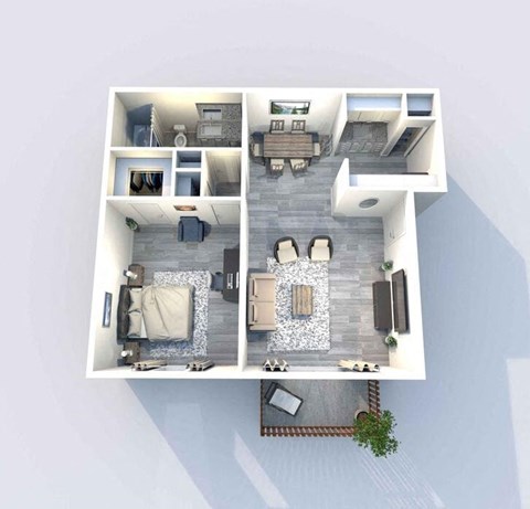 A top-down view of a modern apartment layout with a living room, kitchen, and two bedrooms.